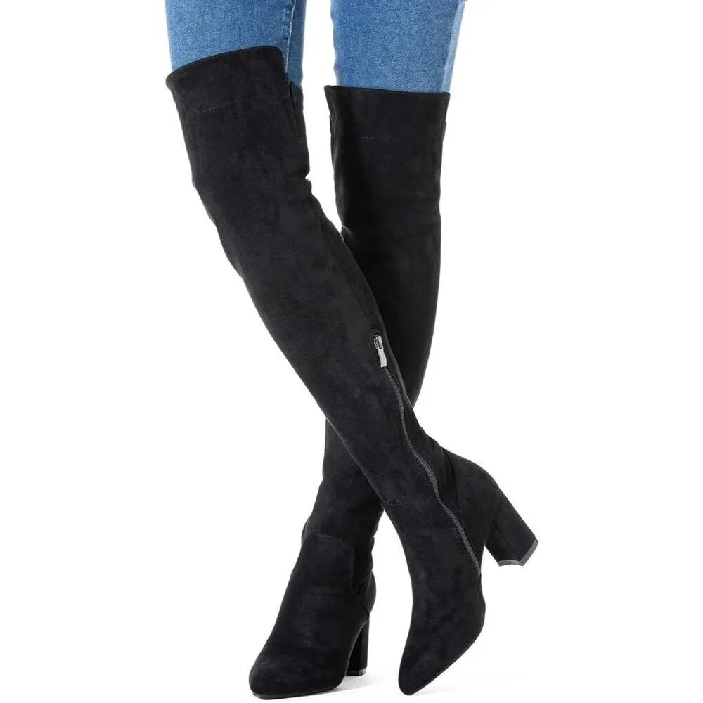 Women Black/3 Inch Heel Faux Suede Over The Knee Thigh High Low Block Heel Boot